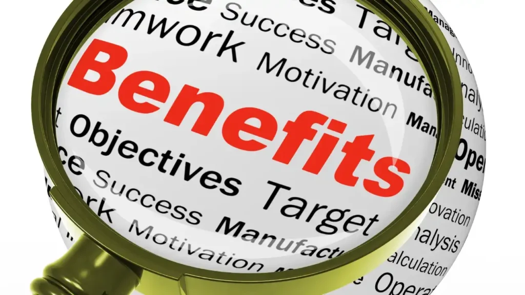 A magnifying glass focuses on the word "Benefits" in bold red, surrounded by related words like "Teamwork," "Objectives," and "Motivation" in black, emphasizing productivity themes.