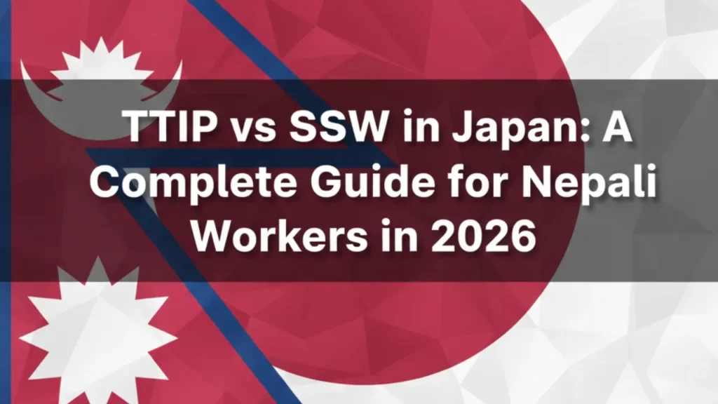 Text overlay on the Nepalese and Japanese flags background reads, "TTIP vs SSW in Japan: A Complete Guide for Nepali Workers in 2026," conveying informational content.
